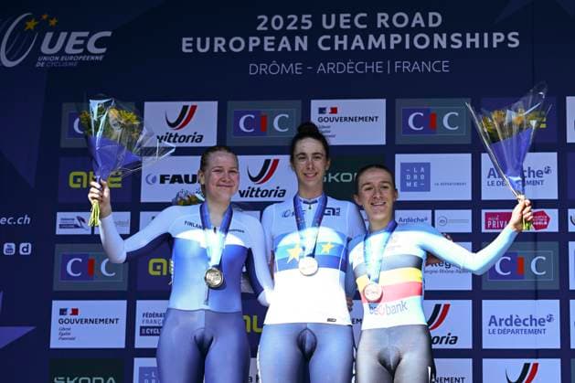 UEC 2025 Road European Championship, EM, Europameisterschaft Drome-Ardeche 01 10 2025 iETOILE-SUR-RHONE, FRANCE - OCTOBER 01 : Venturelli Federica (Italy) Ahtosalo Anniina (Finland) and Vierstraete Luca (Belgium) during the podium ceremony of the Women U23 Individual Time Trial of the 2025 UEC Road European Championship Drome-Ardeche 10th edition an UCI Continental Championships cycling race of 24 km with start in Loriol-sur-Drome and finish in Etoile-sur-Rhone on October 1, 2025 in Etoile-sur-Rhone, France, 01 10 2025 Etoile-sur-Rhone France  Copyright: xVincentxKalutx