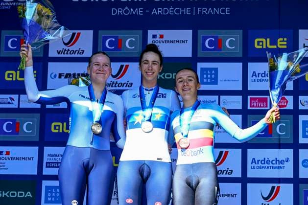 UEC 2025 Road European Championship, EM, Europameisterschaft Drome-Ardeche 01 10 2025 iETOILE-SUR-RHONE, FRANCE - OCTOBER 01 : Venturelli Federica (Italy) Ahtosalo Anniina (Finland) and Vierstraete Luca (Belgium) during the podium ceremony of the Women U23 Individual Time Trial of the 2025 UEC Road European Championship Drome-Ardeche 10th edition an UCI Continental Championships cycling race of 24 km with start in Loriol-sur-Drome and finish in Etoile-sur-Rhone on October 1, 2025 in Etoile-sur-Rhone, France, 01 10 2025 Etoile-sur-Rhone France  Copyright: xVincentxKalutx