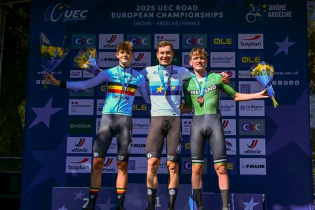 UEC 2025 Road European Championship, EM, Europameisterschaft Drome-Ardeche 01 10 2025 ETOILE-SUR-RHONE, FRANCE - OCTOBER 01 : Vervenne Jonathan (BEL) Van Kerckhove Matisse (Belgium) and Rafferty Adam (Ireland) during the podium ceremony of the Men U23 Individual Time Trial of the 2025 UEC Road European Championship Drome-Ardeche 10th edition an UCI Continental Championships cycling race of 24 km with start in Loriol-sur-Drome and finish in Etoile-sur-Rhone on October 1, 2025 in Etoile-sur-Rhone, France, 01 10 2025 Etoile-sur-Rhone France  Copyright: xVincentxKalutx