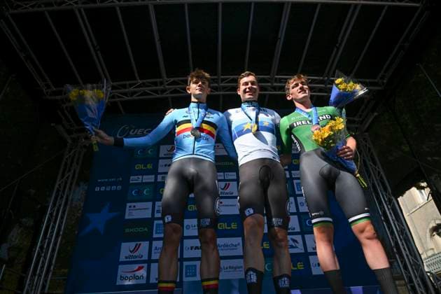 UEC 2025 Road European Championship, EM, Europameisterschaft Drome-Ardeche 01 10 2025 ETOILE-SUR-RHONE, FRANCE - OCTOBER 01 : Vervenne Jonathan (BEL) Van Kerckhove Matisse (Belgium) and Rafferty Adam (Ireland) during the podium ceremony of the Men U23 Individual Time Trial of the 2025 UEC Road European Championship Drome-Ardeche 10th edition an UCI Continental Championships cycling race of 24 km with start in Loriol-sur-Drome and finish in Etoile-sur-Rhone on October 1, 2025 in Etoile-sur-Rhone, France, 01 10 2025 Etoile-sur-Rhone France  Copyright: xVincentxKalutx