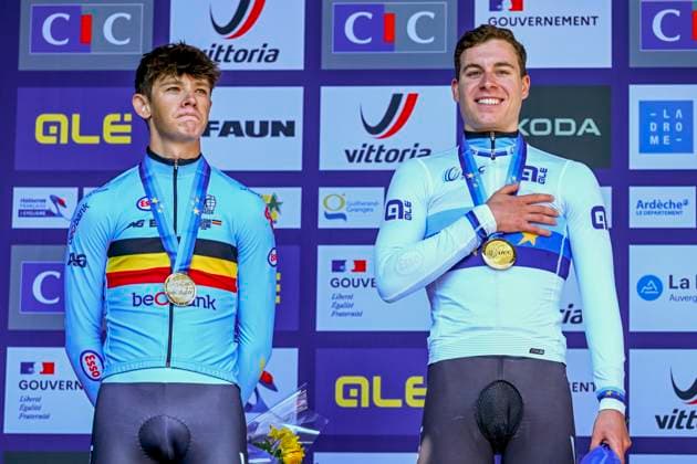 UEC 2025 Road European Championship, EM, Europameisterschaft Drome-Ardeche 01 10 2025 ETOILE-SUR-RHONE, FRANCE - OCTOBER 01 : Vervenne Jonathan (BEL) Van Kerckhove Matisse (Belgium) during the podium ceremony of the Men U23 Individual Time Trial of the 2025 UEC Road European Championship Drome-Ardeche 10th edition an UCI Continental Championships cycling race of 24 km with start in Loriol-sur-Drome and finish in Etoile-sur-Rhone on October 1, 2025 in Etoile-sur-Rhone, France, 01 10 2025 Etoile-sur-Rhone France  Copyright: xVincentxKalutx