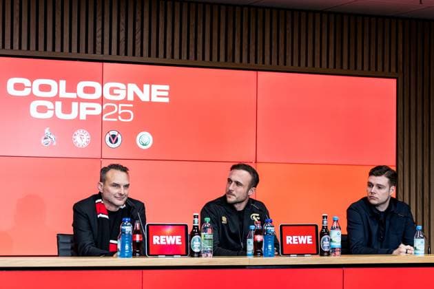 Cologne Cup25 Press Conference 01 10 2025 Holger Kirsch President Viktoria Köln , Niklas Müller Managing Director Fortuna Köln , Lukas Berg Technical Director 1 FC Köln Press Conference Cologne Cup25 RheinEnergiestadion, 01 10 2025 Copyright: xBEAUTIFULxSPORTS Wunderlx