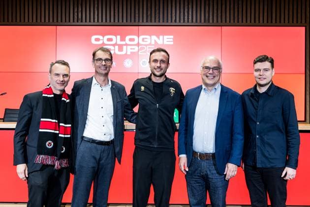 Cologne Cup25 press conference 01 10 2025 vl Holger Kirsch President Viktoria Köln , Dr Andreas Dartsch Deputy Chairman of the Board Sparkasse KölnBonn , Niklas Müller Managing Director Fortuna Köln , Dirk Brennecke Managing Director Fußball Verband Mittelrhein , Lukas Berg Technical Director 1 FC Köln Press conference Cologne Cup25 RheinEnergiestadion, 01 10 2025 Copyright: xBEAUTIFULxSPORTS Wunderlx