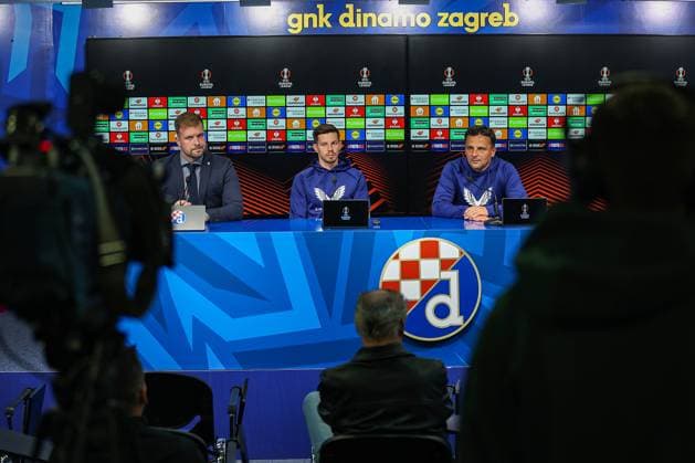 PXL_GNK Dinamo press conference, PK, Pressekonferenz Marko Bosnir, Miha Zajc and Mario Kovacevic during GNK Dinamo press conference at Maksimir stadium in Zagreb, Croatia on 01. October 2025 before UEFA Europa league match with Maccabi Tel Aviv FC.  GoranxStanzl PIXSELL