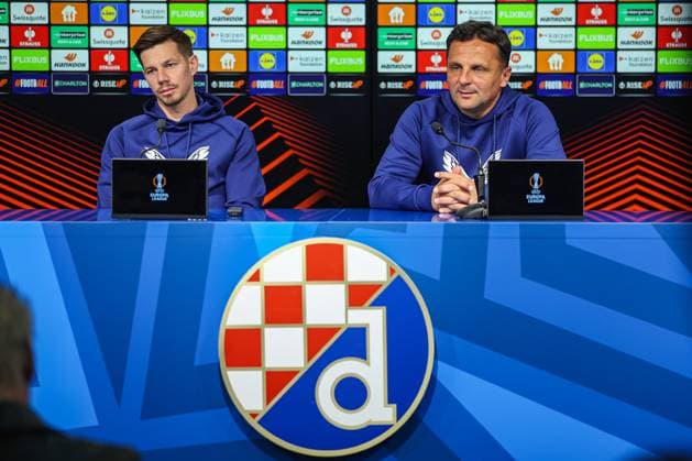 PXL_GNK Dinamo press conference, PK, Pressekonferenz Miha Zajc and Mario Kovacevic during GNK Dinamo press conference at Maksimir stadium in Zagreb, Croatia on 01. October 2025 before UEFA Europa league match with Maccabi Tel Aviv FC.  GoranxStanzl PIXSELL