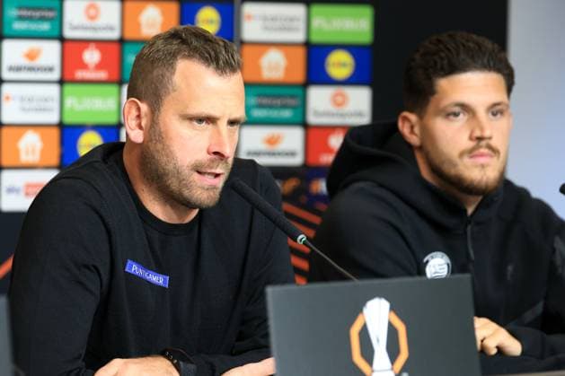 SOCCER - UEFA EL, Sturm vs Glasgow GRAZ,AUSTRIA,01.OCT.25 - SOCCER - UEFA Europa League, SK Sturm Graz vs Glasgow Rangers FC, preview, press conference, PK, Pressekonferenz Sturm. Image shows head coch Juergen Saeumel and Emir Karic (Sturm).  GEPAxpictures xMarioxBuehner-Weinrauch