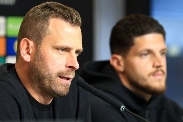 SOCCER - UEFA EL, Sturm vs Glasgow GRAZ,AUSTRIA,01.OCT.25 - SOCCER - UEFA Europa League, SK Sturm Graz vs Glasgow Rangers FC, preview, press conference, PK, Pressekonferenz Sturm. Image shows head coch Juergen Saeumel and Emir Karic (Sturm).  GEPAxpictures xMarioxBuehner-Weinrauch