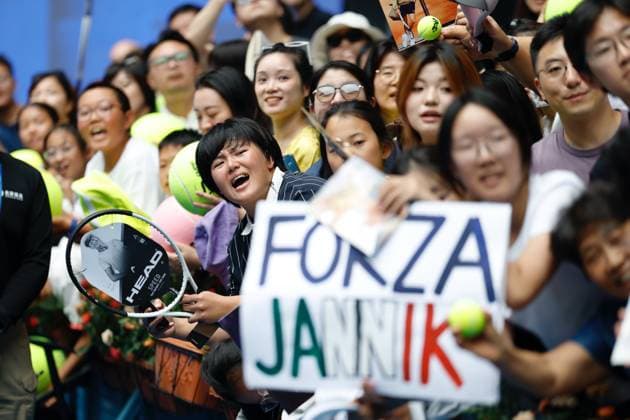 BEIJING, CHINA - OCTOBER 01: Fans of Jannik Sinner of Italy cheer up after the Men s Singles Final match on day 10 of the 2025 China Open at the National Tennis Center on October 1, 2025 in Beijing, China.  Copyright: xChinaxNewsxServicex 111594409205