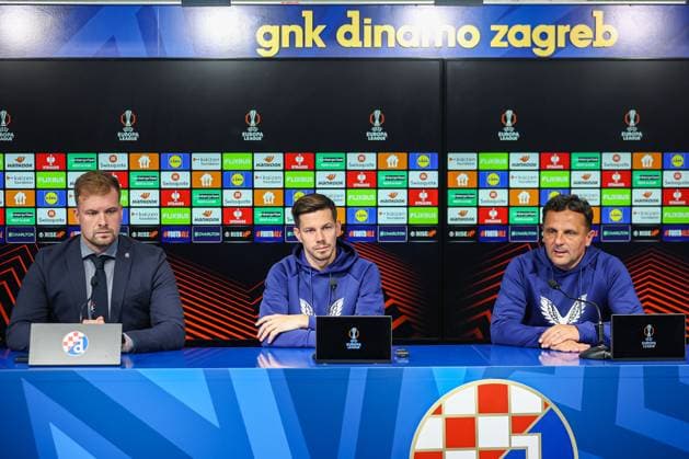 PXL_GNK Dinamo press conference, PK, Pressekonferenz Marko Bosnir, Miha Zajc and Mario Kovacevic during GNK Dinamo press conference at Maksimir stadium in Zagreb, Croatia on 01. October 2025 before UEFA Europa league match with Maccabi Tel Aviv FC.  GoranxStanzl PIXSELL