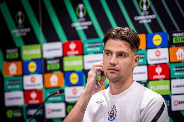 SLOVAN BRATISLAVA - STRASBOURG Dominik Takac of Slovan during the press conference, PK, Pressekonferenz ahead of the league phase of UEFA Conference league football match between SK Slovan Bratislava and RC Strasbourg Alsace. Bratislava, Slovakia, October 02, 2025. Copyright: xx 080A8439