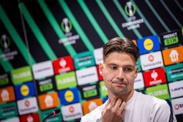 SLOVAN BRATISLAVA - STRASBOURG Dominik Takac of Slovan during the press conference, PK, Pressekonferenz ahead of the league phase of UEFA Conference league football match between SK Slovan Bratislava and RC Strasbourg Alsace. Bratislava, Slovakia, October 02, 2025. Copyright: xx 080A8523