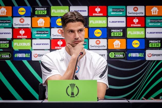 SLOVAN BRATISLAVA - STRASBOURG Dominik Takac of Slovan during the press conference, PK, Pressekonferenz ahead of the league phase of UEFA Conference league football match between SK Slovan Bratislava and RC Strasbourg Alsace. Bratislava, Slovakia, October 02, 2025. Copyright: xx 080A8708