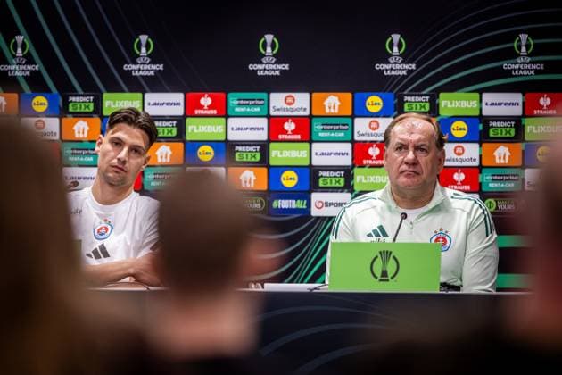 SLOVAN BRATISLAVA - STRASBOURG Dominik Takac of Slovan and Head coach of Slovan Vladimir Weiss sr during the press conference, PK, Pressekonferenz ahead of the league phase of UEFA Conference league football match between SK Slovan Bratislava and RC Strasbourg Alsace. Bratislava, Slovakia, October 02, 2025. Copyright: xx 080A8784
