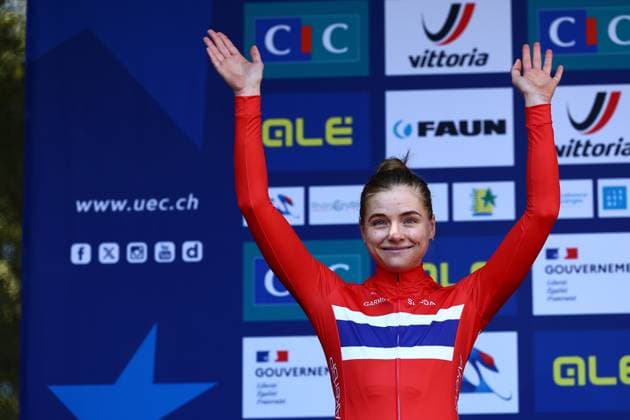 Norwegian Mie Bjorndal Ottestad of Uno-X Mobility pictured on the podium after the 24 km time trial of the Women Elite category at the UEC road European cycling championships, Wednesday 01 October 2025, in Loriol-sur-Drome, France. The European cycling championships Drome-Ardeche takes place from 1 to 5 October, France. DAVIDxPINTENS  x135825378x