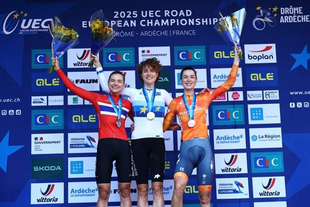 Norwegian Mie Bjorndal Ottestad of Uno-X Mobility, Swiss Marlen Reusser of Movistar Team and Dutch Mischa Bredewold of SD Worx-Protime pictured on the podium after the 24 km time trial of the Women Elite category at the UEC road European cycling championships, Wednesday 01 October 2025, in Loriol-sur-Drome, France. The European cycling championships Drome-Ardeche takes place from 1 to 5 October, France. DAVIDxPINTENS  x135825699x