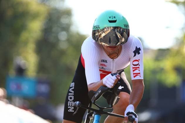 Danish Niklas Larsen pictured at the arrival of the 24 km time trial of the Men Elite category at the UEC road European cycling championships, Wednesday 01 October 2025, in Loriol-sur-Drome, France. The European cycling championships Drome-Ardeche takes place from 1 to 5 October, France. DAVIDxPINTENS  x135831947x