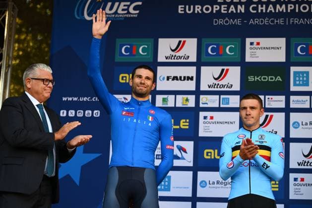 UEC 2025 Road European Championship, EM, Europameisterschaft Drome-Ardeche 01 10 2025 ETOILE-SUR-RHONE, FRANCE - OCTOBER 01 : Ganna Filippo (Italy) during the podium ceremony of the Men Elite Individual Time Trial of the 2025 UEC Road European Championship Drome-Ardeche 10th edition an UCI Continental Championships cycling race of 24 km with start in Loriol-sur-Drome and finish in Etoile-sur-Rhone on October 1, 2025 in Etoile-sur-Rhone, France, 01 10 2025 Etoile-sur-Rhone France  Copyright: xVincentxKalutx