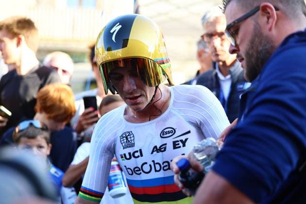 Belgian Remco Evenepoel pictured at the arrival as he wins the 24 km time trial of the Men Elite category at the UEC road European cycling championships, Wednesday 01 October 2025, in Loriol-sur-Drome, France. The European cycling championships Drome-Ardeche takes place from 1 to 5 October, France. DAVIDxPINTENS  x135833677x