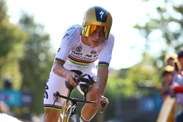 Belgian Remco Evenepoel pictured at the arrival as he wins the 24 km time trial of the Men Elite category at the UEC road European cycling championships, Wednesday 01 October 2025, in Loriol-sur-Drome, France. The European cycling championships Drome-Ardeche takes place from 1 to 5 October, France. DAVIDxPINTENS  x135833692x