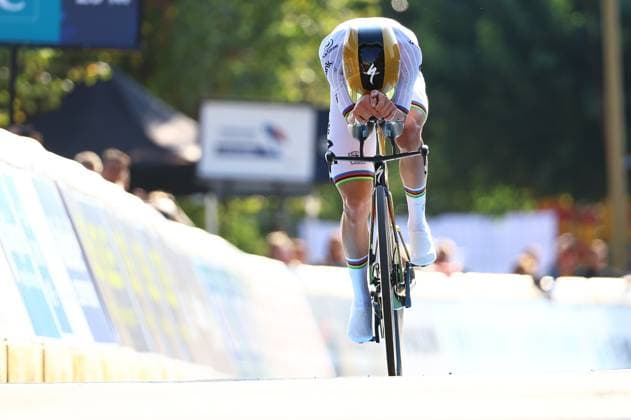 Belgian Remco Evenepoel pictured at the arrival as he wins the 24 km time trial of the Men Elite category at the UEC road European cycling championships, Wednesday 01 October 2025, in Loriol-sur-Drome, France. The European cycling championships Drome-Ardeche takes place from 1 to 5 October, France. DAVIDxPINTENS  x135834283x