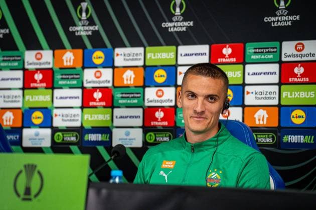 SOCCER - UEFA ECL, Poznan vs Rapid POZNAN,POLAND,01.OCT.25 - SOCCER - UEFA Conference League, KKS Lech Poznan vs SK Rapid Wien, preview, press conference, PK, Pressekonferenz Rapid. Image shows Nenad Cvetkovic (Rapid).  GEPAxpictures xKevinxHackner