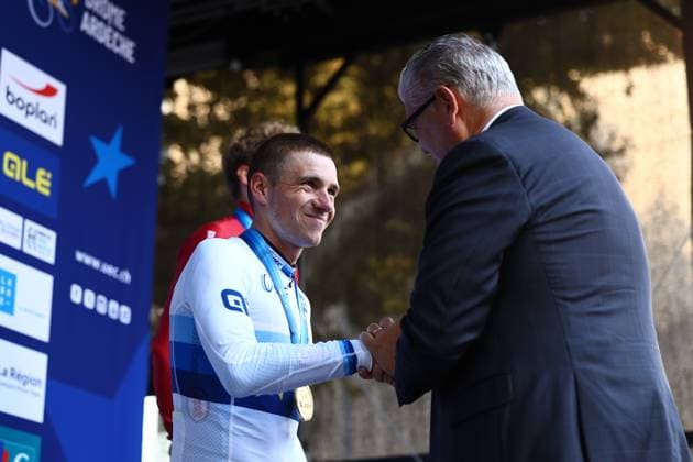 Belgian Remco Evenepoel celebrates on the podium after winning the 24 km time trial of the Men Elite category at the UEC road European cycling championships, Wednesday 01 October 2025, in Loriol-sur-Drome, France. The European cycling championships Drome-Ardeche takes place from 1 to 5 October, France. DAVIDxPINTENS  x135837583x