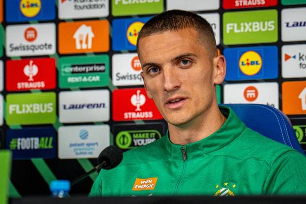 SOCCER - UEFA ECL, Poznan vs Rapid POZNAN,POLAND,01.OCT.25 - SOCCER - UEFA Conference League, KKS Lech Poznan vs SK Rapid Wien, preview, press conference, PK, Pressekonferenz Rapid. Image shows Nenad Cvetkovic (Rapid).  GEPAxpictures xKevinxHackner