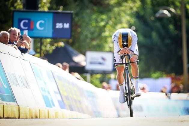 Winner Belgian Remco Evenepoel pictured in action during the 24 km time trial of the Men Elite category at the UEC road European cycling championships, Wednesday 01 October 2025, in Loriol-sur-Drome, France. The European cycling championships Drome-Ardeche takes place from 1 to 5 October, France. DAVIDxPINTENS  x135838149x