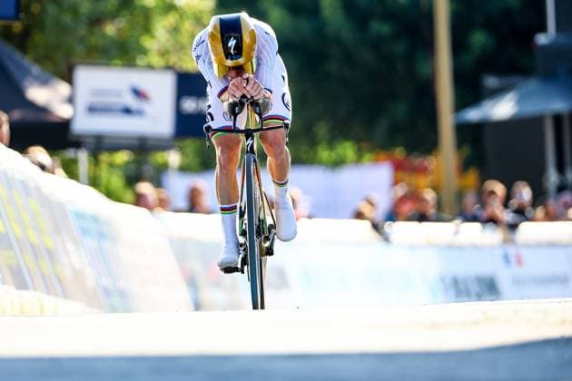 Winner Belgian Remco Evenepoel pictured in action during the 24 km time trial of the Men Elite category at the UEC road European cycling championships, Wednesday 01 October 2025, in Loriol-sur-Drome, France. The European cycling championships Drome-Ardeche takes place from 1 to 5 October, France. DAVIDxPINTENS  x135838173x