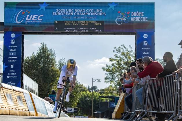 Belgian Remco Evenepoel crosses the finish line to win the 24 km time trial of the Men Elite category at the UEC road European cycling championships, Wednesday 01 October 2025, in Loriol-sur-Drome, France. The European cycling championships Drome-Ardeche takes place from 1 to 5 October, France. DAVIDxPINTENS  x135843122x