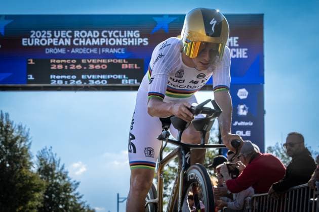 Belgian Remco Evenepoel crosses the finish line to win the 24 km time trial of the Men Elite category at the UEC road European cycling championships, Wednesday 01 October 2025, in Loriol-sur-Drome, France. The European cycling championships Drome-Ardeche takes place from 1 to 5 October, France. DAVIDxPINTENS  x135843157x