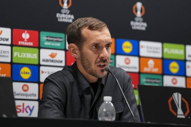 Julian Schuster SC Freiburg, Coach , Italy, Football, UEFA Europa League, Matchday 2, League phase, 2025 2026, Bologna FC vs SC Freiburg, 01 10 2025, Press conference of SC Freiburg before the second Europa League match in the league phase, Press conference, Stadio Renato Dall™Ara, Bologna, Italy, Press conference of SC Freiburg before the second Europa League match in the league phase, Press conference Bologna Stadio Renato Dall™Ara Emilia Romagna Italy Copyright: xArnexAmbergx