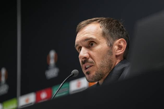Julian Schuster SC Freiburg, Coach , Italy, Football, UEFA Europa League, Matchday 2, League phase, 2025 2026, Bologna FC vs SC Freiburg, 01 10 2025, Press conference of SC Freiburg before the second Europa League match in the league phase, Press conference, Stadio Renato Dall™Ara, Bologna, Italy, Press conference of SC Freiburg before the second Europa League match in the league phase, Press conference Bologna Stadio Renato Dall™Ara Emilia Romagna Italy Copyright: xArnexAmbergx