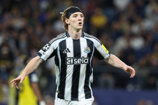 Newcastle?s Anthony Gordon celebrates after scoring during a game between Belgian soccer team Royale Union Saint-Gilloise and English team Newcastle United FC, in Brussels, on Wednesday 01 October 2025, on the second day of the League phase of the UEFA Champions League tournament. BRUNOxFAHY  x135852367x