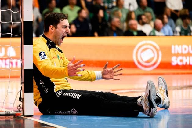 Goeppingen DHB Pokal 25 26 Frisch Auf Goeppingen SC DHfK Leipzig Torhueter Domenico Ebner Leipzig Jubel Freude Emotion Goeppingen EWS Arena Baden Württemberg Germany