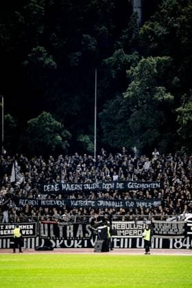 Football, Season 2025 2026, 3 Liga, Donaustadion Ulm, 9 Matchday, SSV Ulm 1846 Football 1 FC Schweinfurt 05, 01 10 2025 01 10 2025, Football, Season 2025 2026, 3 Liga, Donaustadion Ulm, 9 Matchday, SSV Ulm 1846 Football 1 FC Schweinfurt 05, The fans of SSV Ulm in the D Block Donaustadion with a banner for the demolition of the Jahnhalle next to the stadium Photo Lucca Fundel Ulm Donaustadion Baden Württemberg Germany
