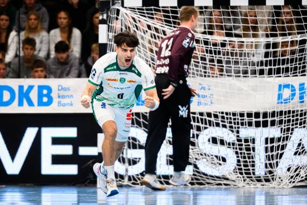 Goeppingen DHB Pokal 25 26 Frisch Auf Goeppingen SC DHfK Leipzig Lucas Krzikalla Leipzig Jubel Freude Emotion Torjubel Torschuetze Torschütze Goeppingen EWS Arena Baden Württemberg Germany