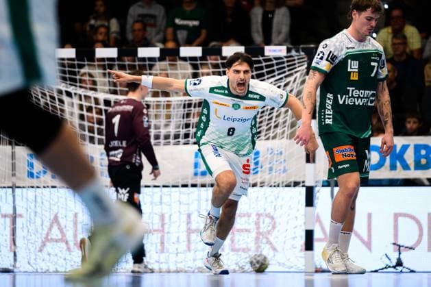 Goeppingen DHB Pokal 25 26 Frisch Auf Goeppingen SC DHfK Leipzig v li Lucas Krzikalla Leipzig Jubel Freude Emotion Torjubel Torschuetze Torschütze Goeppingen EWS Arena Baden Württemberg Germany