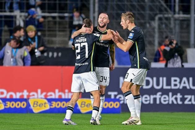 from left Manuel Pfeifer TSV 1860, 27 , goal scorer Patrick Hobsch TSV 1860, 34 and Siemen Voet TSV 1860, 3 with goal celebration, jubilation, goal celebration, celebrate the goal, goal, celebration, jubilation about the goal for the 2nd 2nd half, optimistic, Action, Action, 01 10 2025, Munich Germany , Football, 3 Liga, TSV 1860 München FC Viktoria Köln, DFB DFL REGULATIONS PROHIBIT ANY USE OF PHOTOGRAPHS AS IMAGE SEQUENCES AND OR QUASI VIDEO xslx
