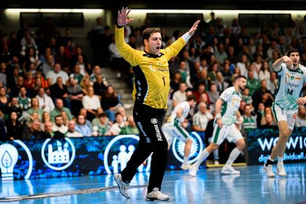 Goeppingen DHB Pokal 25 26 Frisch Auf Goeppingen SC DHfK Leipzig Goalkeeper Domenico Ebner Leipzig Goeppingen EWS Arena Baden Württemberg Germany