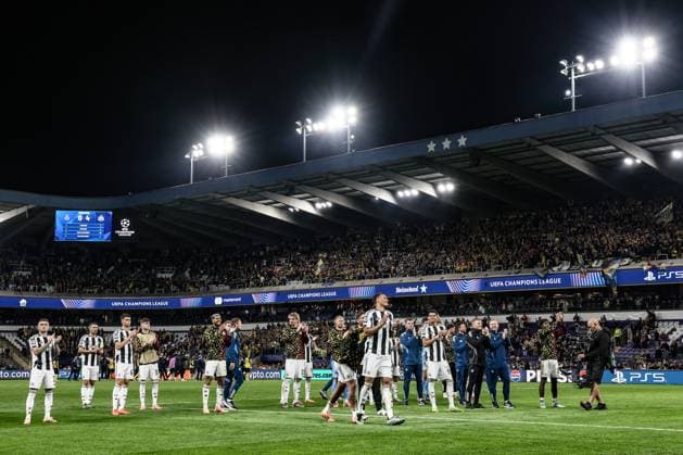 Newcastle s players celebrate after winning a game between Belgian soccer team Royale Union Saint-Gilloise and English team Newcastle United FC, in Brussels, on Wednesday 01 October 2025, on the second day of the League phase of the UEFA Champions League tournament. BRUNOxFAHY  x135857042x