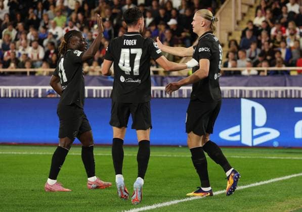 Erling Haaland of Manchester City celebrates scoring a goal to make the score 0-1 Monaco v Manchester City, UEFA Champions League, Group Stage, Football, Stade Louis II, Monaco - 01 Oct 2025Monaco Stade Louis II Monaco EDITORIAL USE ONLY No use with unauthorised audio, video, data, fixture lists, club league logos or live services. Online in-match use limited to 120 images, no video emulation. No use in betting, games or single club league player publications. Copyright: xKieranxMcManus Shutterstockx 15504051ag
