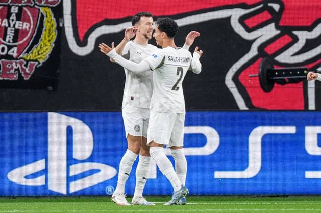 2025-10-01 Bayer 04 Leverkusen v PSV Eindhoven - UEFA Champions League 2025 26 League Phase MD2 LEVERKUSEN, GERMANY - OCTOBER 1: Ivan Perisic of PSV Eindhoven celebrates the first goal with Anass Salah-Eddine of PSV Eindhoven during the UEFA Champions League 2025 26 League Phase MD2 match between Bayer 04 Leverkusen and PSV Eindhoven at BayArena on October 1, 2025 in Leverkusen, Germany. Leverkusen BayArena Germany Content not available for redistribution in The Netherlands directly or indirectly through any third parties. Copyright: xJorisxVerwijstx