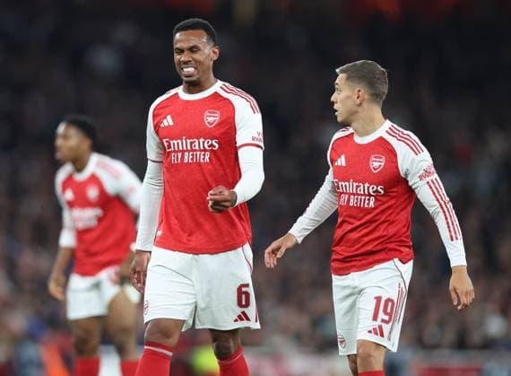 London, England, 1st October 2025. Gabriel of Arsenal and Leandro Trossard of Arsenal during the Arsenal vs Olympiacos UEFA Champions League match at the Emirates Stadium, London. Picture credit should read: David Klein Sportimage EDITORIAL USE ONLY. No use with unauthorised audio, video, data, fixture lists, club league logos or live services. Online in-match use limited to 120 images, no video emulation. No use in betting, games or single club league player publications. SPI_019_DK_Arsenal_Olympiakos SPI-4186-0020
