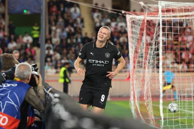 Monaco, Monaco, 1st October 2025. Erling Haaland of Manchester City celebrates after scoring to give the side a 1-0 lead during the AS Monaco vs Manchester City UEFA Champions League match at Stade Louis II, Monaco. Picture credit should read: Jonathan Moscrop Sportimage EDITORIAL USE ONLY. No use with unauthorised audio, video, data, fixture lists, club league logos or live services. Online in-match use limited to 120 images, no video emulation. No use in betting, games or single club league player publications. SPI_006_JM_MONACO_MANCITY_UCL_ SPI-4166-0006