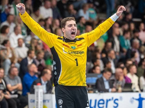Domenico Ebner SC DHfK Leipzig, 01 cheers loudly, Frisch Auf Goeppingen vs SC DHfK Leipzig, Handball, DHB Pokal, Men, 2025 2026 season, 01 10 2025, Frisch Auf Goeppingen vs SC DHfK Leipzig, Handball, DHB Pokal, Men, 2025 2026 season, 01 10 2025 Goeppingen Copyright: xEibner-Pressefoto MichaelxSchmidx EP_MST