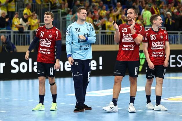 01 10 2025, xmohx, Handball DHB Pokal, Rhein Neckar Loewen SG Flensburg Handewitt v l Emil Jakobsen SG Flensburg Handewitt Kevin Moeller Moller SG Flensburg Handewitt Kent Robin Tonnesen SG Flensburg Handewitt Domen Novak SG Flensburg Handewitt Jubel, Freude über den Sieg DFL DFB REGULATIONS PROHIBIT ANY USE OF PHOTOGRAPHS as IMAGE SEQUENCES and or QUASI VIDEO Heidelberg