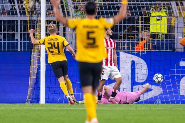 01 10 2025, Borussia Dortmund Athletik Bilbao, UEFA Champions League, Matchday 2 Daniel Svensson Borussia Dortmund scores the goal to make it 1-0 IMPORTANT NOTE In accordance with UEFA regulations, it is prohibited to use or have used photographs taken in the stadium and or of the match in the form of sequential images and or video-like photo series Copyright: xDavidxInderliedx