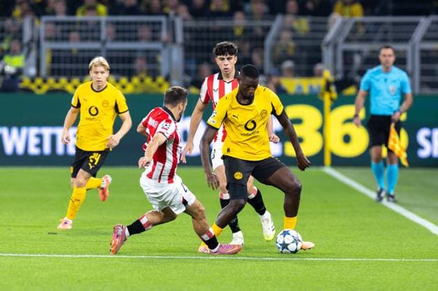 01 10 2025, UEFA Champions League, Matchday 2, Borussia Dortmund Athletic Club Bilbao, v l Andoni Gorosabel Athletic Club Bilbao , Serhou Guirassy Borussia Dortmund , Dortmund Signal Iduna Park NRW Germany xRHR PHOTO DEx Copyright: DennisxEwert RHR-FOTOx RHR-FOTO DE
