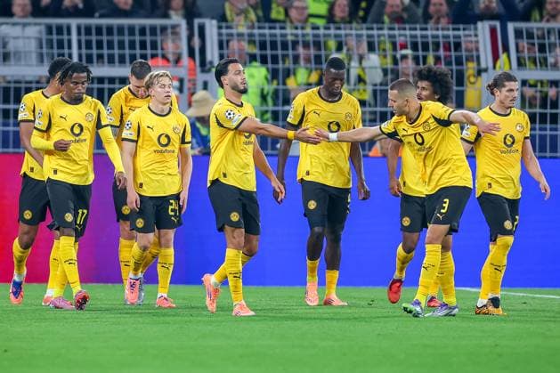 01 10 2025, Football, UEFA Champions League, Borussia Dortmund Athletic Club Bilbao, BVB Stadion, Matchday 2, Season 2025 2026 Goal celebration after the 1-0 goal by scorer Daniel Svensson BVB 24 Regulations prohibit any use of photographs as image sequences and or quasi video North Rhine-Westphalia Germany